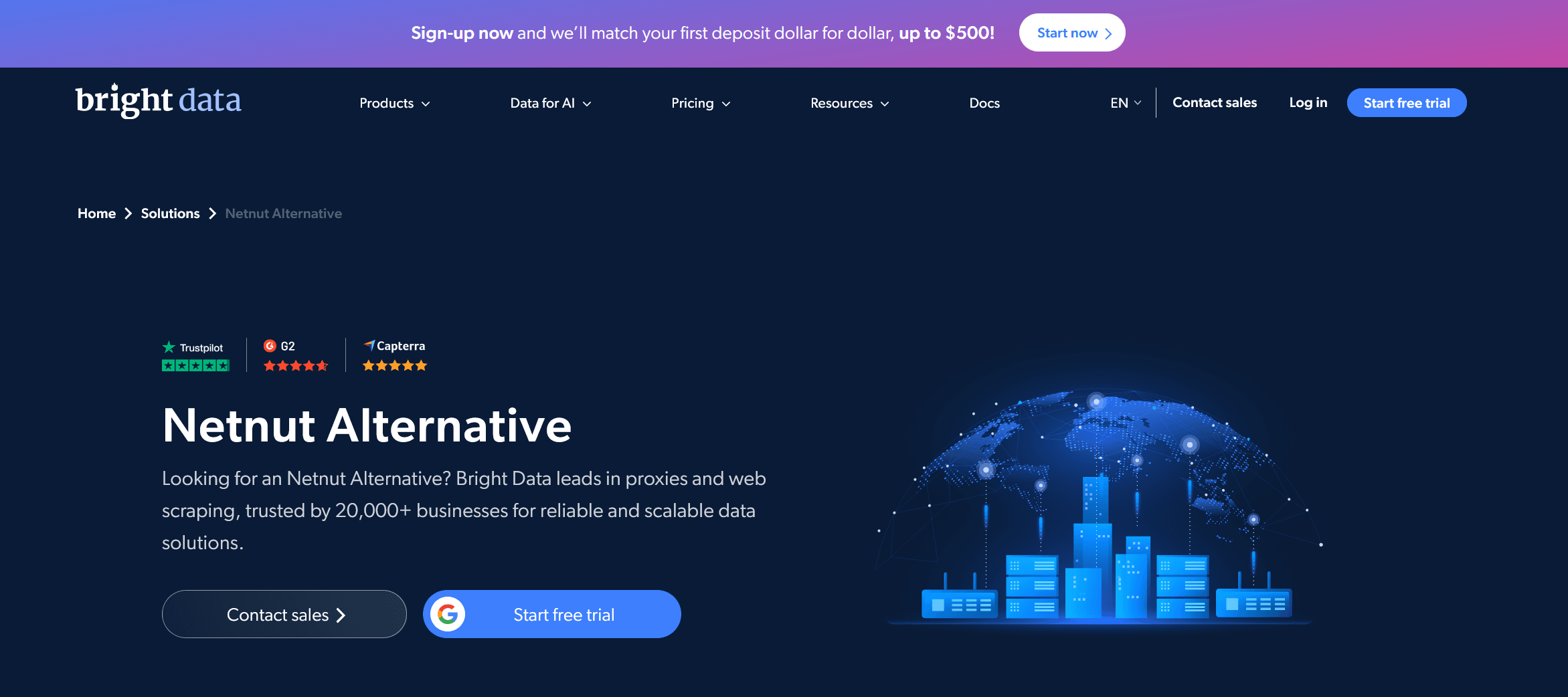 Bright Data marketing page titled "Netnut Alternative" offering a free trial with Google sign-in